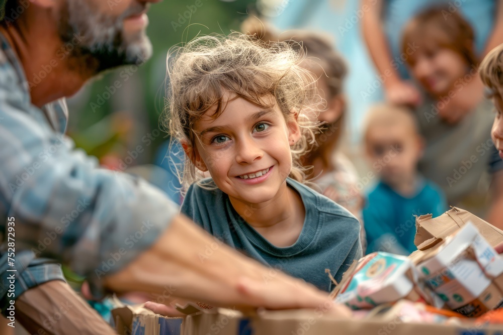 Smiling Child Receiving Gifts at Outdoor Family Gathering with Joyful Expression and People in Background Smiling Child Receiving Gifts at Outdoor Family Gathering with Joyful Expression and People in Background