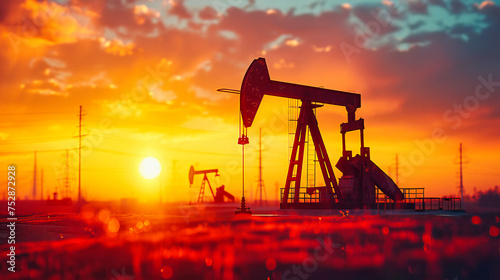 Sunset Over an Oil Field, Silhouetted Drilling Equipment, Energy and Power Generation Concept