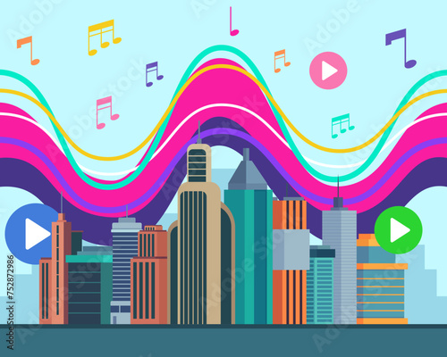 Rhythmic cityscape vector illustration. Modern city with high-rise buildings and sound wave with music notes on background. City and music concept