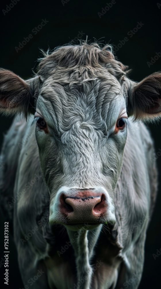 a frisona cow portrait looking direct in camera with low-light a frisona cow portrait looking direct in camera with low-light