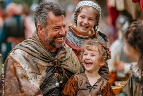 Happy Family Dressed in Medieval Costumes Enjoying a Renaissance Fair, Smiling People Participating in Historical Reenactment, Outdoor Festival Fun