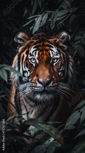 a tiger portrait looking direct in camera with low-light 