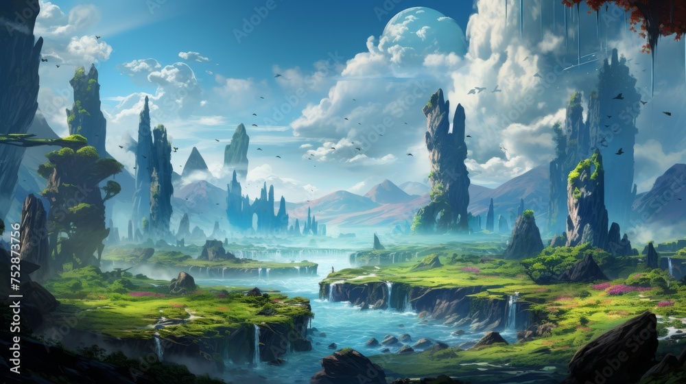 Surreal landscape with floating islands and cascading waterfalls, a fantasy concept