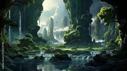 Surreal landscape with floating islands and cascading waterfalls, a fantasy concept © Anuwat