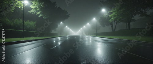 Midnight road or park walk way with lights.. Wet, hazy asphalt road. crime, midnight activity concept.  photo