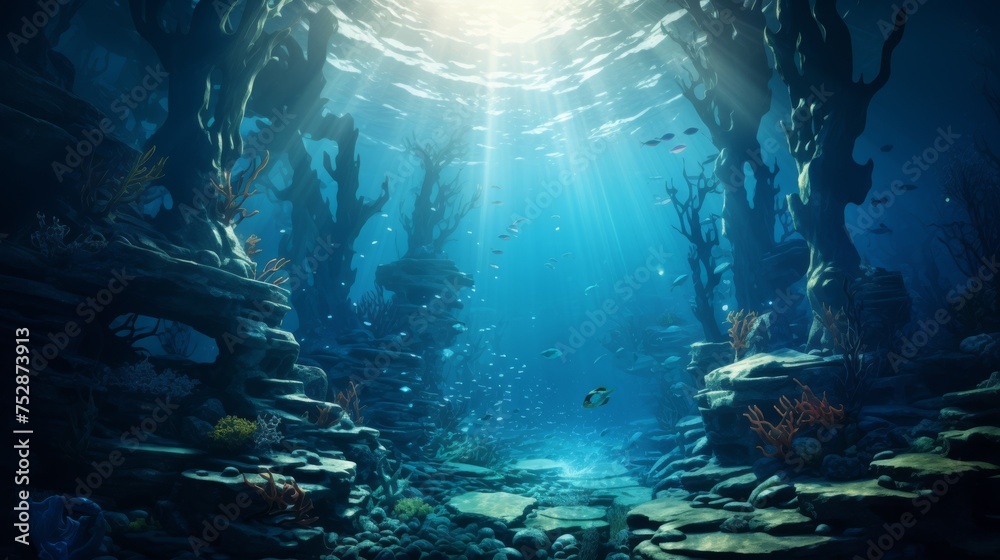 Underwater ocean scene, mysterious aquatic background Underwater ocean scene, mysterious aquatic background