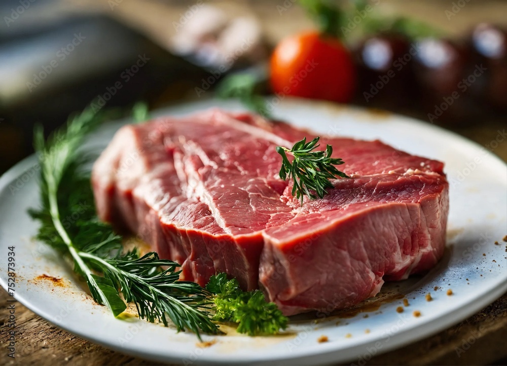 Fresh slice of meat on white pate, beef stake, on blurred background