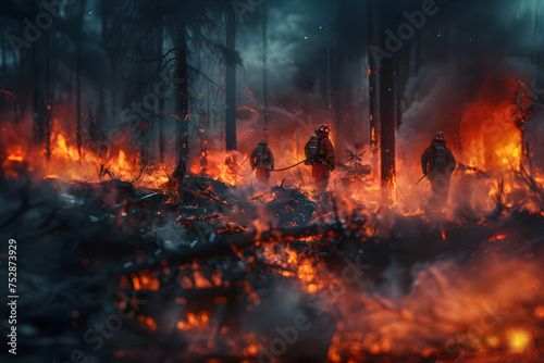 Illustration of firefighters extinguishing a forest fire.
