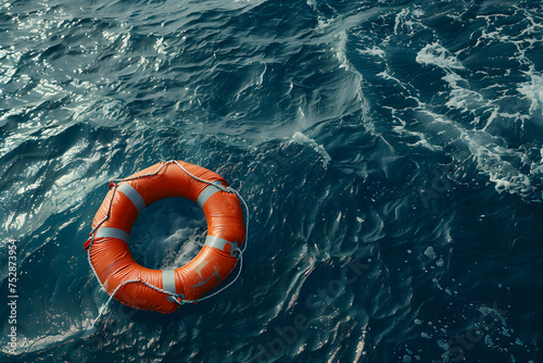 Life buoy rescue ring in the middle of the ocean for rescue and help sos concepts