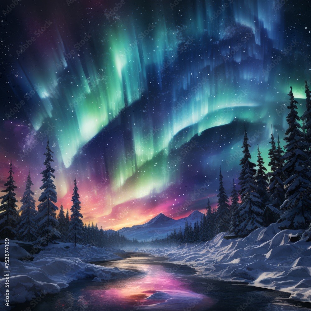 Vivid aurora borealis over a stark winter landscape, natural beauty in luminous colors.