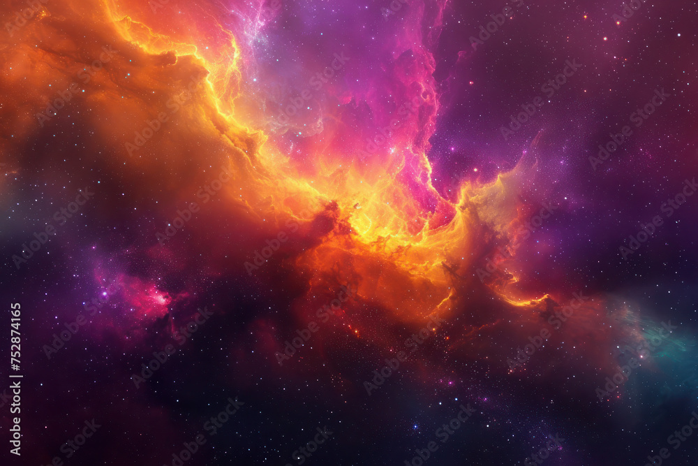 Fototapeta premium A breathtaking space scene, where swirling clouds of vibrant orange and purple nebulae converge against a starry backdrop, evoking the awe-inspiring beauty of the universe.