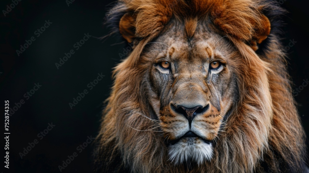a lion close-up portrait looking direct in camera with low-light, black background, Banner image for advertising