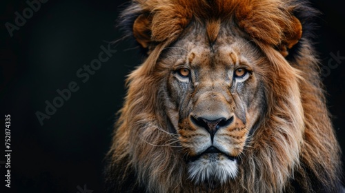 a lion close-up portrait looking direct in camera with low-light, black background, Banner image for advertising © PAOLO