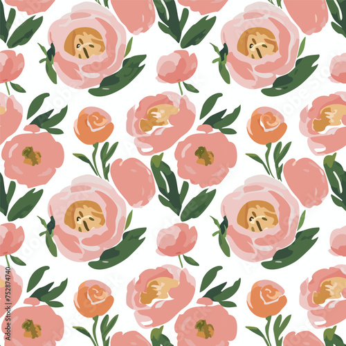 Seamless floral pattern with pink peony flowers. Retro collage pattern. Contemporary print for wedding stationary, greetings, wallpapers, fashion, backgrounds, textures, DIY, wrappers, cards