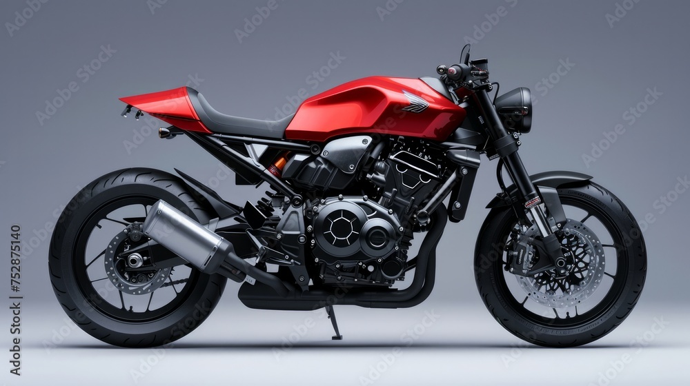 a red and black motorcycle is parked on a gray background,