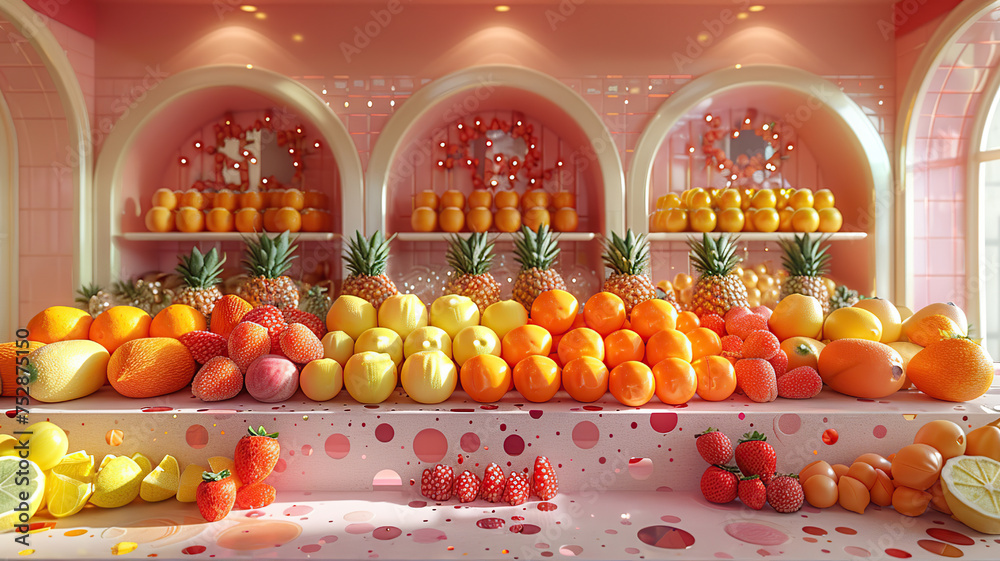 Vibrant fruit display in a stylized store