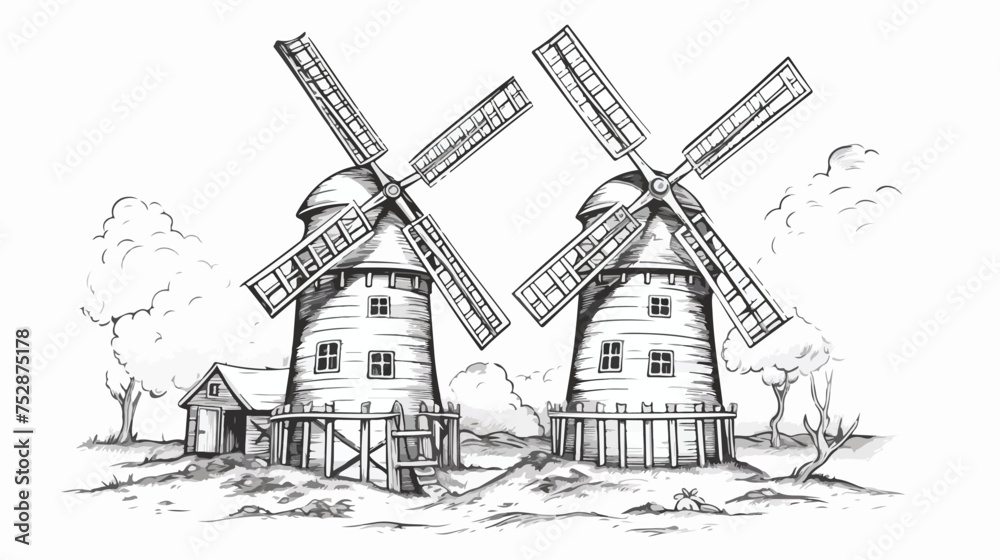 Illustration in black and white windmill shovels 