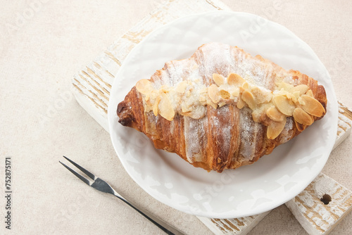 Almond Croissant with sprinkling icing sugar on white plate  