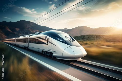 High speed fast train passenger locomotive in motion at the railway station city