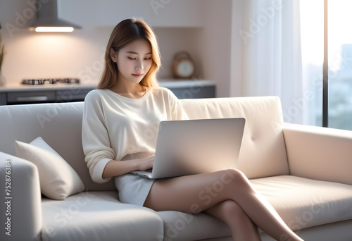 Beautiful young Asian female freelancer is sitting on a comfortable sofa and browsing the internet on a laptop to successfully conduct business. Luxurious interior. Work from home concept.