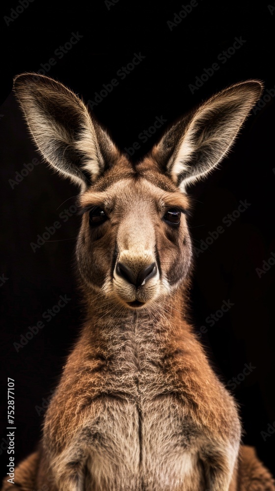 a kangaroo close-up portrait looking direct in camera with low-light, black backdrop