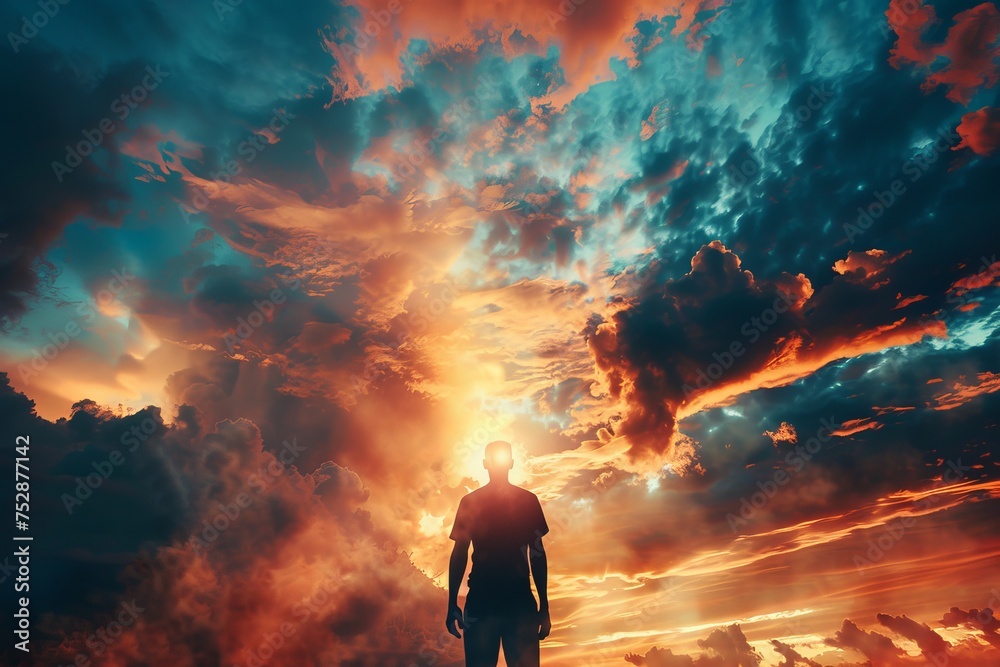 Majestic cloudscape surrounding a lone figure, a captivating visual metaphor for perspective and contemplation.

