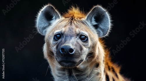 a spotted hyena close-up portrait looking direct in camera with low-light, black backdrop 