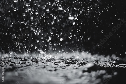 Rain droplets splashing on a surface, captured in high contrast black and white.