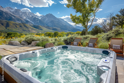 Outdoor hot tub bubbles with warm water with a panoramic view of distant mountains. Jacuzzi for relax in nature. Lounge zone for spa retreat in luxury hotel resort © Lazy_Bear