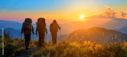 Group hiking in mountains at sunset, exploring nature on summer journey, active hikers together