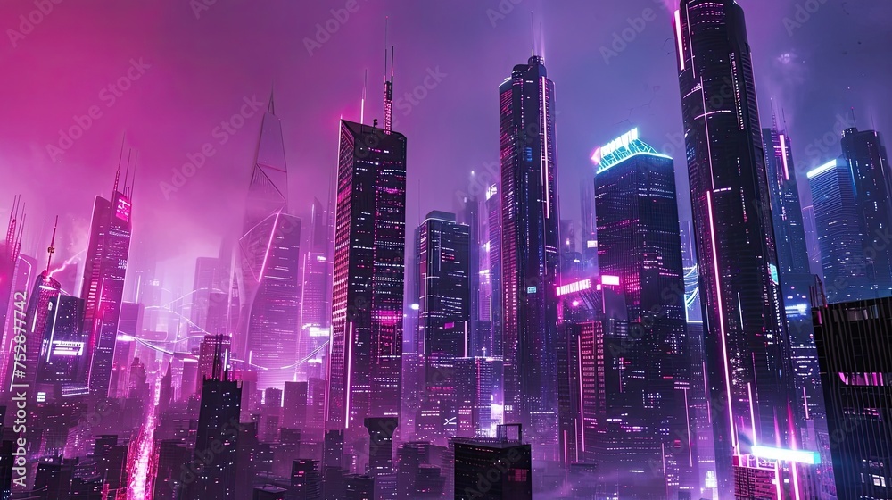 Neon city. Anti design, matrix, futurism, night, cyberpunk, street, technology, color, skyscraper, urban view, augmentation, style, metropolis. Generated by AI