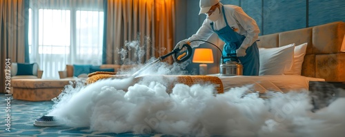 A housekeeper uses a steam cleaner in a modern hotel room setting. Concept Housekeeping, Steam Cleaner, Modern Hotel Room, Cleaning Equipment, Hospitality Industry