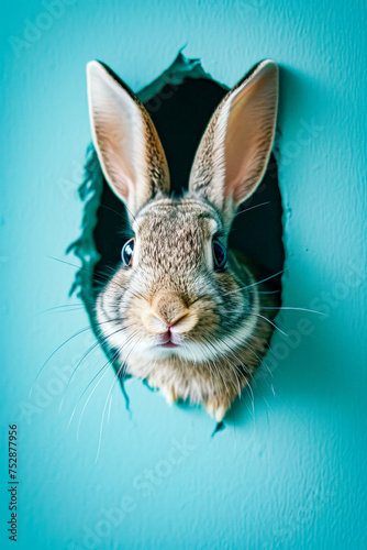 Rabbit's head pokes through hole in blue wall.