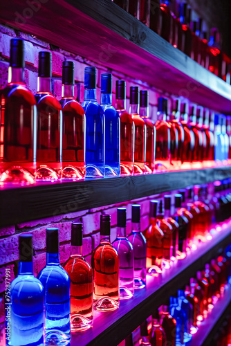 Row of wine bottles on shelf with some being purple and blue in color.