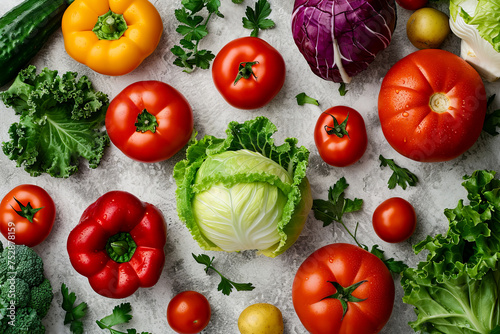 Variety of fresh vegetables including tomatoes and lettuce are arranged on table.