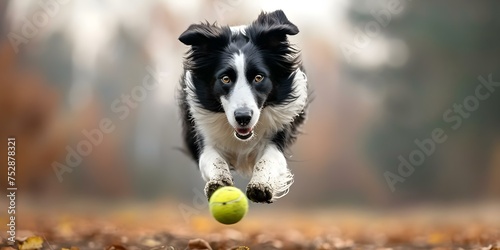 Energetic border collie with striking colors leaps to catch tennis ball. Concept Pets, Energetic, Border Collie, Action Shot, Tennis Ball photo
