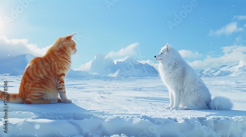 In a wide expanse of snow there is a and a Samoyed dog, In the distance © Emil