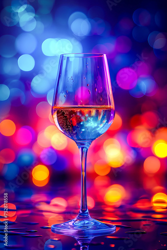 Glass of wine is sitting on table with colorful lights behind it.