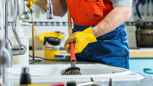 Handyman repairing a clogged sink. Professional, experienced, plumber, fixing, maintenance, household, service, plumbing, repairman, tools. Generated by AI photo