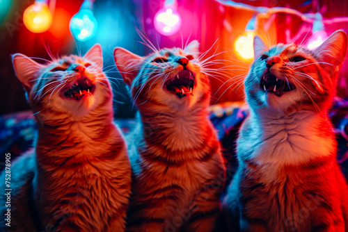 Three cats with their mouths open seemingly howling or singing in unison.