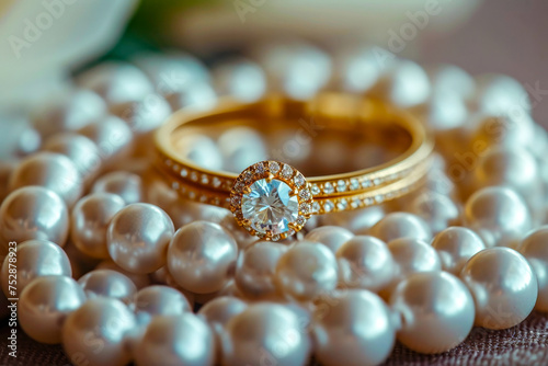 Ring and bracelet with diamonds on them sitting on top of pearls.