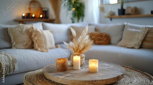Modern boho interior of living room in cozy apartment. Simple cozy living room interior with light gray sofa, decorative pillows, wooden table with candles and natural decorations