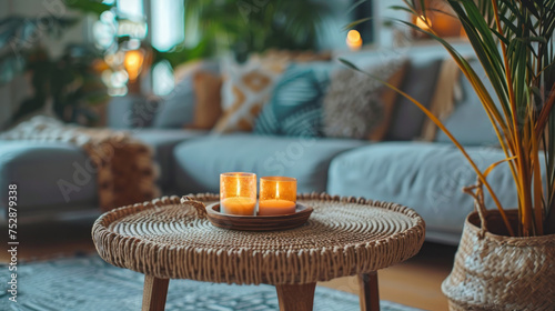Modern boho interior of living room in cozy apartment. Simple cozy living room interior with light gray sofa, decorative pillows, wooden table with candles and natural decorations
