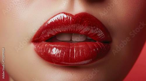 Close-up of glossy red lips, makeup and beauty concept