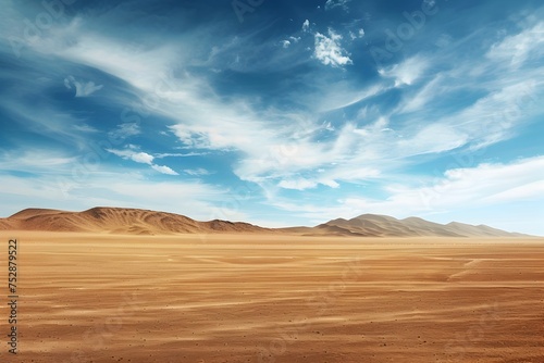 Brown desert landscape with mountains under blue sky, To convey a sense of vastness and aridness in a visually appealing way, suitable for travel,