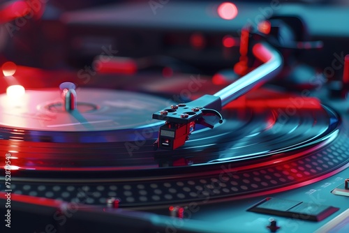 Close-up of Turntable and Stereo System with Vibrant Colors, To convey a sense of nostalgia and modernity, perfect for music or audio-related