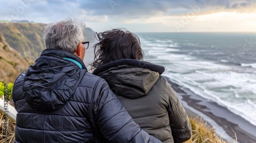 Active senior couple enjoying breathtaking view of the pacific coast during a scenic hike