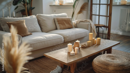 Modern boho interior of living room in cozy apartment. Simple cozy living room interior with light gray sofa, decorative pillows, wooden table with candles and natural decorations