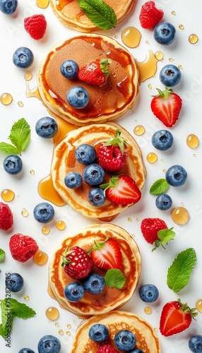 Classic american pancakes with fresh berries and honey on white background, space for text