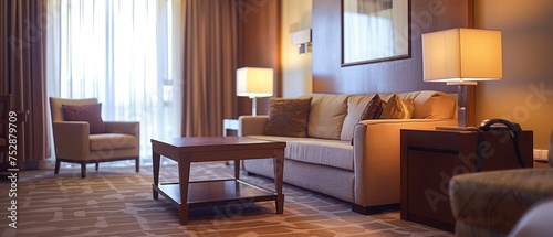 view of nice stylish modern hotel room with coffee table and chair